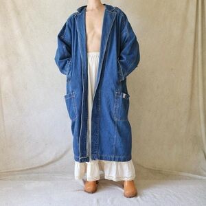 Vtg 80s Long Maxi Duster Length Heavy Weight Denim Jacket
